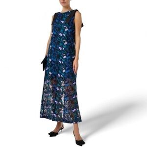 Abbey Glass Blue Black Floral Guipure Lace Bow Shoulder Maxi Dress 1067L Small